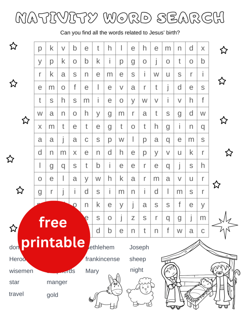 free printable christmas nativity word search - out upon the waters